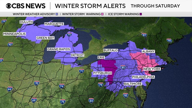 Map of winter weather alerts across the Great Lakes and Northeast through Saturday, Dec. 27, 2025 (CBS News).