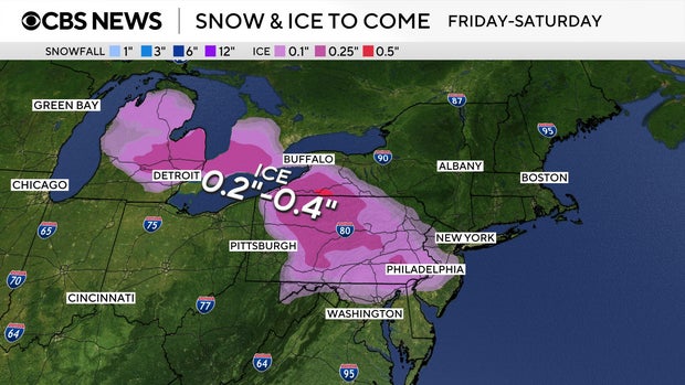 Areas at risk for icing from Michigan to Pennsylvania and New York, Dec. 26-27, 2025 (CBS News).