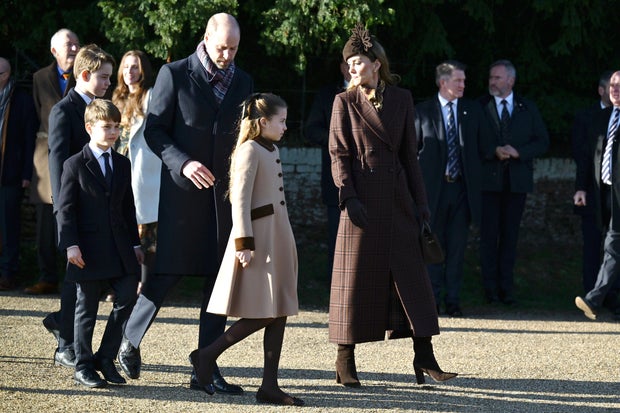 The Prince and Princess of Wales with Prince George, Princess Charlotte and Prince Louis outside St. Mary Magdalene Church on Christmas Day 2025.