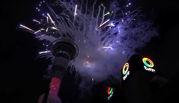 Fireworks erupt from Auckland's Sky Tower as New Zealand welcomes 2026 shortly after midnight on Jan. 1, 2026.