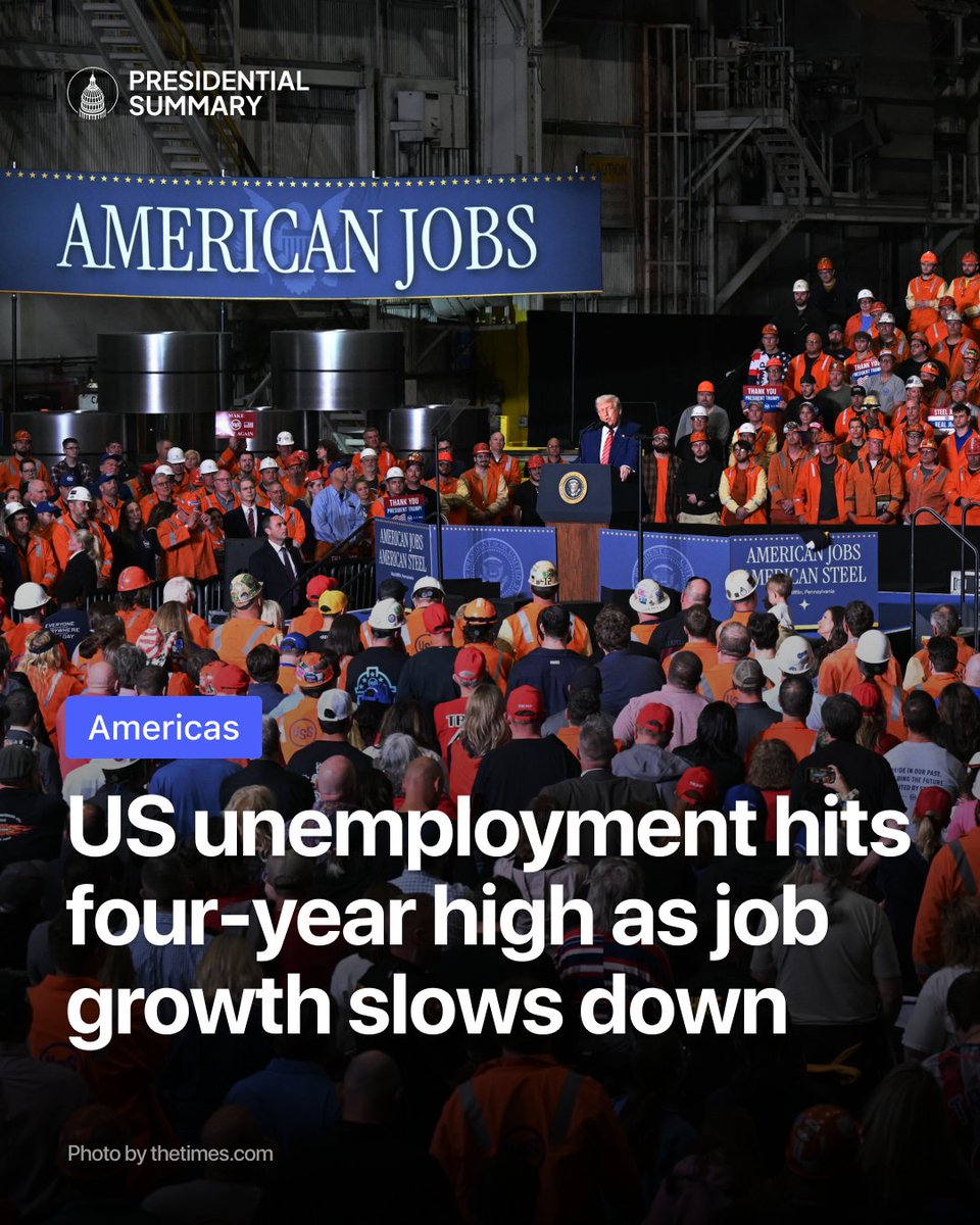 President speaking at a podium with a large crowd of workers in hard hats. Banner reads 'AMERICAN JOBS'. On-image text: 'US unemployment hits four-year high as job growth slows down'.