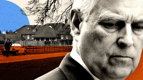 Graphic showing Andrew Mountbatten-Windsor looking concerned overlaid on Sunninghill Park mansion.