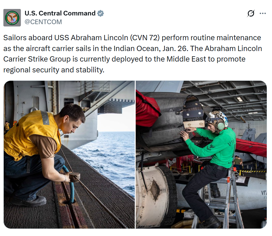 USS Abraham Lincoln carrier strike group operating in the Indian Ocean under U.S. Central Command amid rising tensions with Iran.