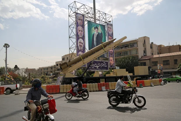 Ballistic missiles and air defense systems on display at Baharestan Square in Tehran during Sacred Defense Week, Sept. 27, 2025.