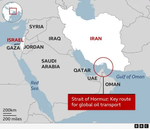 Map showing the Strait of Hormuz between Iran and Oman.