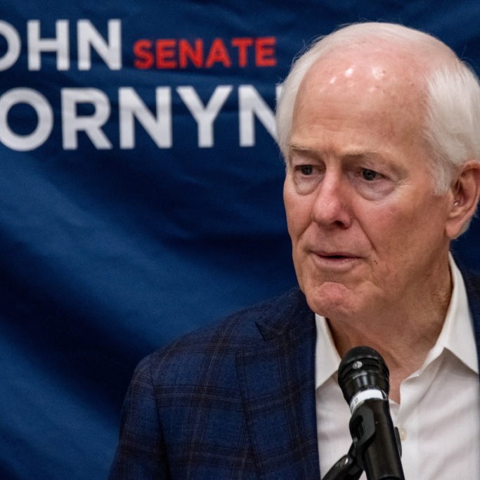 Left: Sen. John Cornyn, R-Texas, speaks during a campaign for reelection in Schertz, Texas, on March 2, 2026. File photo by Joel Angel Juarez/ Reuters