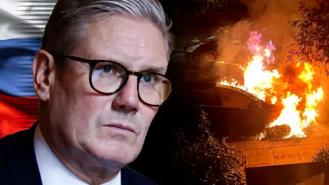 Sir Keir Starmer alongside a still from a car fire linked to arson; Russian flag motif in background
