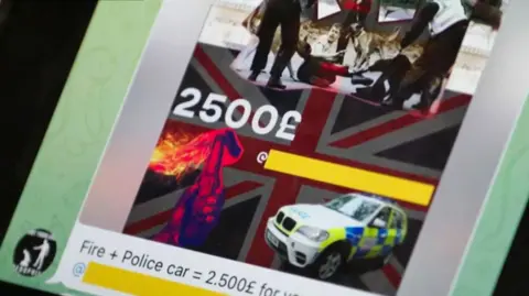 Direct Action UK message offering cash for attacking a police car shown on a phone screen