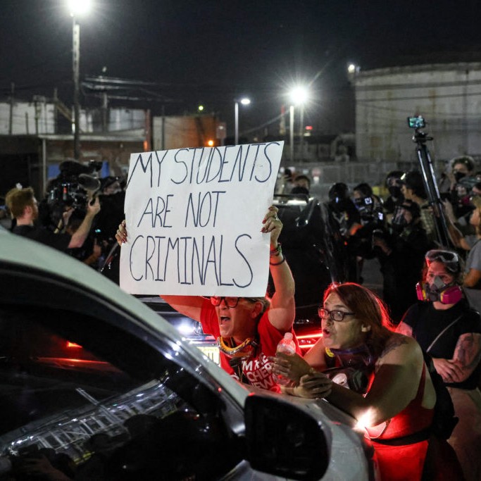 Left: Protestors block a car from exiting a secure area of Delaney Hall during ongoing protests against U.S. Immigration and Customs Enforcement (ICE) outside the Delaney Hall detention center, in Newark, New Jersey, U.S., June 5, 2026. Photo by Caitlin Ochs/Reuters - Caitlin Ochs/Reuters